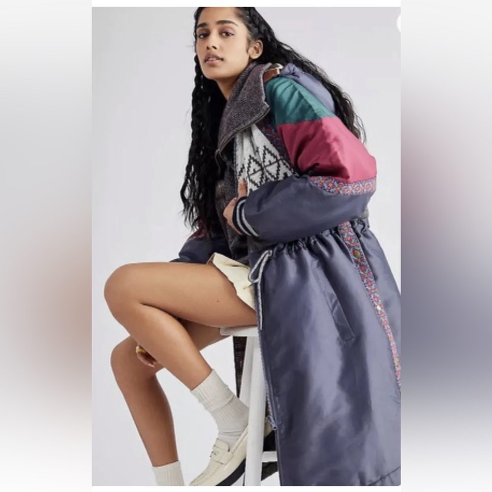 Free People Sienna Reversible Parka Jacket Piecing Patchwork Blue Wine Gray